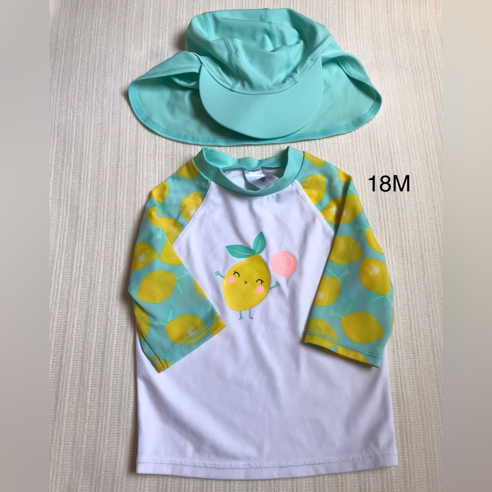 Baby girl long sleeve rashguards & Flap Sun Protection Hat size 86 - 18 months